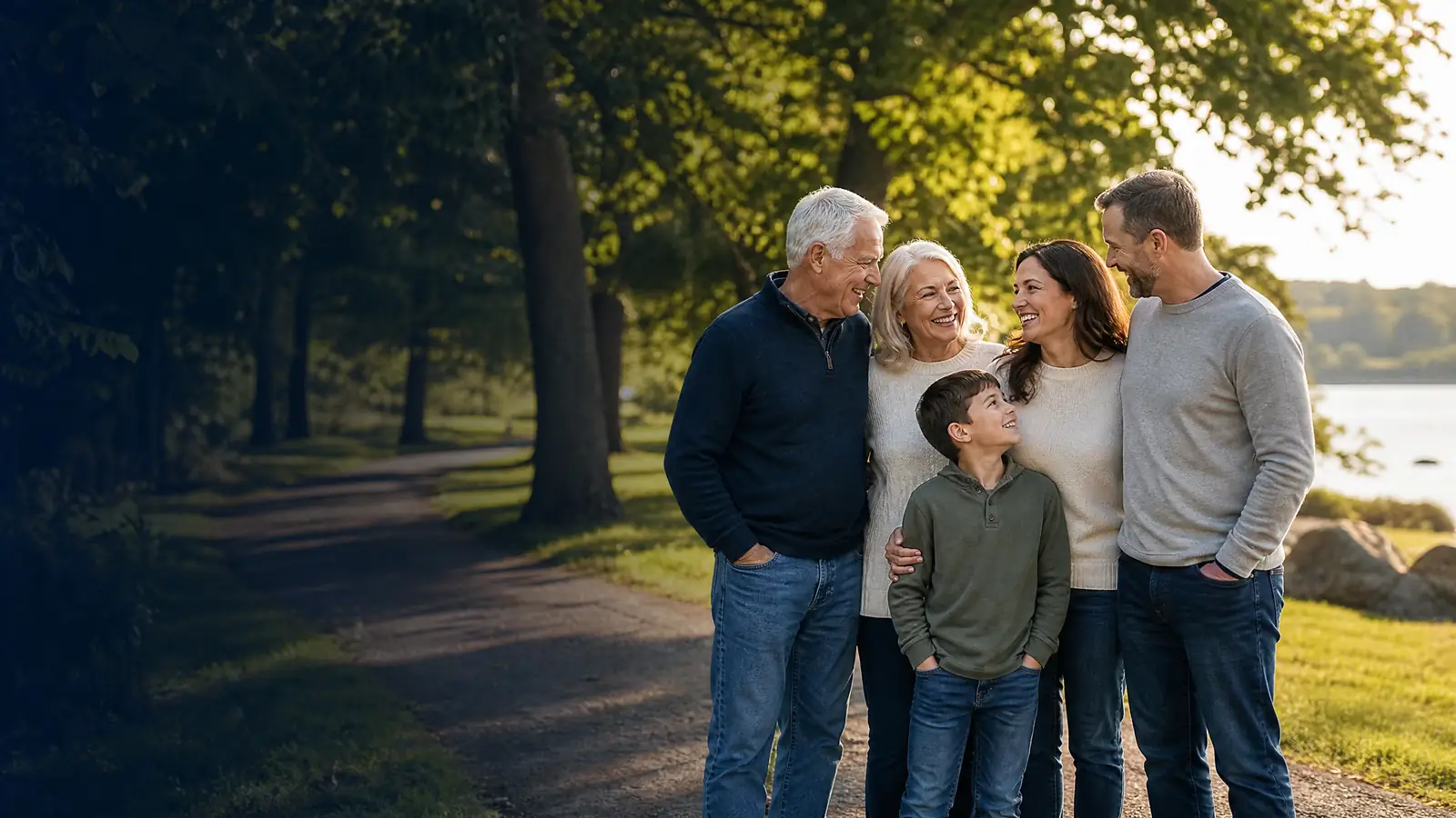 White multigenerational family enjoying a scenic Maryland park