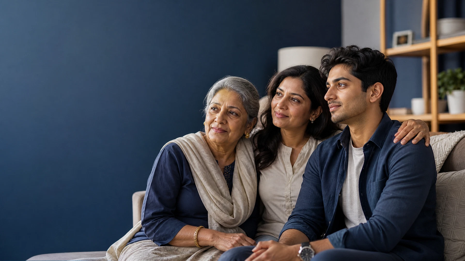 A caring multigenerational family together in a calm home setting