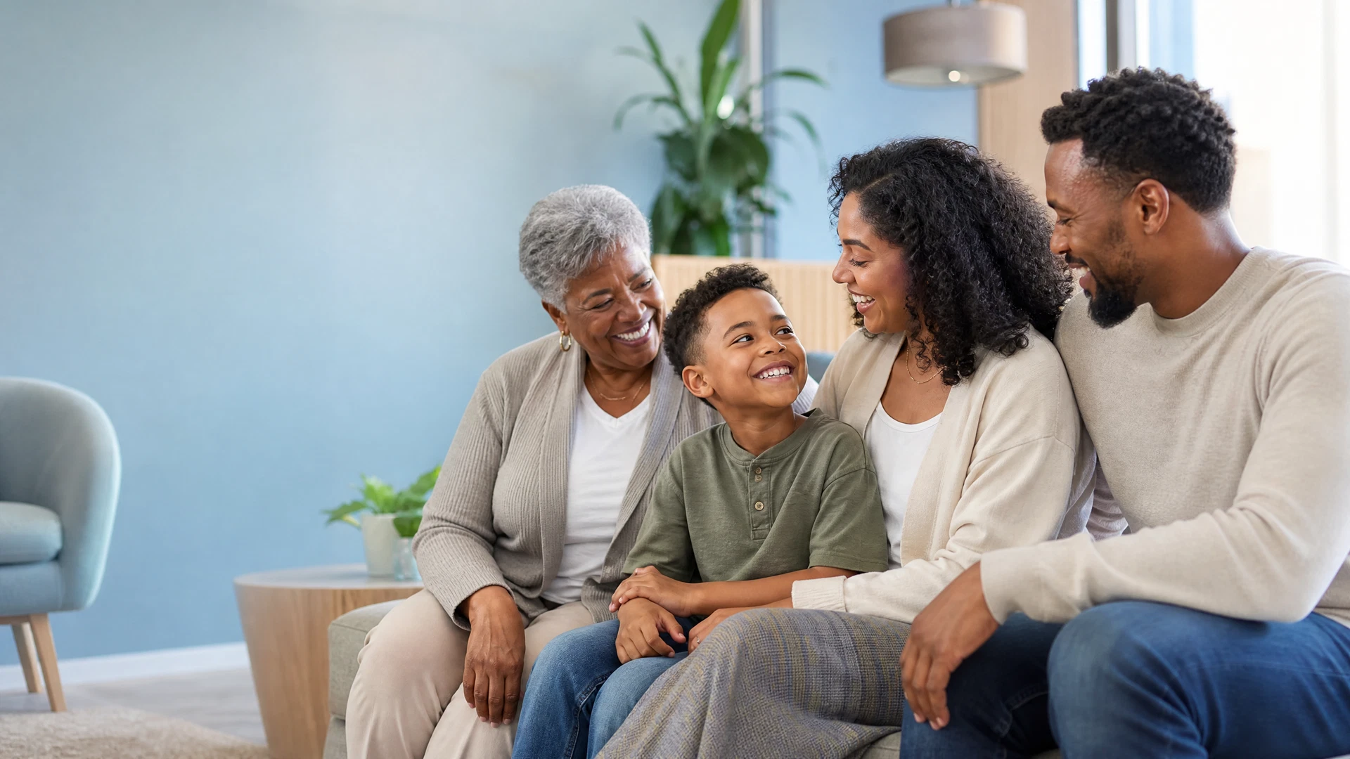 A multigenerational family together in a welcoming home setting